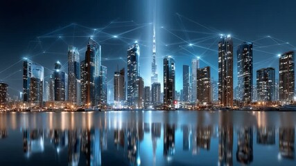 Digital Cityscape: A modern cityscape shines with interconnected technology. Illuminating the skyline and reflecting in the water below, creating a vision of a connected, innovative urban center. - Powered by Adobe