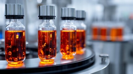 Pharmaceutical factory conveyor with glass vials of amber liquid. Automatic machine line for producing medicine drug or vaccine. Modern laboratory equipment for bottling and research of sterile serum.