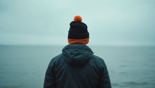 Man stands alone in front of sea in overcast day. Person wears hat and jacket looking at water. Solitude concept shows loneliness and mental health awareness. Moody scenery and calm atmosphere.
