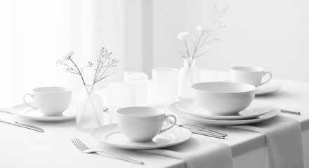 Obraz premium Elegant Table Setting with White China and Floral Accents.