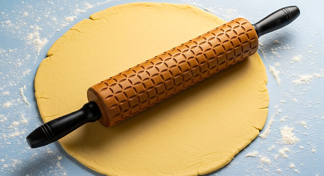 Textured wooden rolling pin with black handles resting on a circle of flattened dough