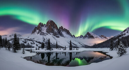 Stunning aurora borealis over snow-covered mountains reflecting in pristine lake, a magical winter landscape perfect for travel and nature enthusiasts
