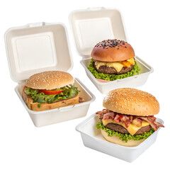 Hamburger in a box take away food different versions isolated on white background
