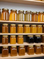 Honey and comb in glass jars on shelf