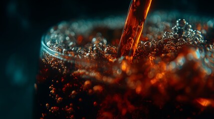Pouring a dark carbonated drink into a glass, creating a foamy surface with lots of bubbles. Concept Dark carbonated drink pouring, Foamy surface close-up, Bubbles in glass, Pouring action with fizz