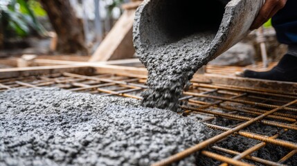 Pouring concrete on steel rebar grid, reinforced mesh at a building site. Cement truck. Worker is spreading a thin layer of wet gray foundation surface. Create solid floor. Liquid concreting process