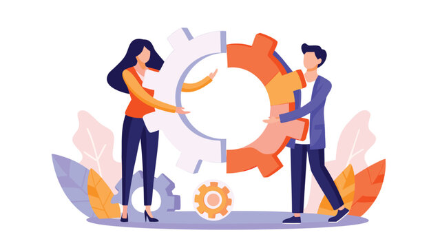 Two diverse professionals collaborating on a project illustrating teamwork partnership and shared success in a modern flat vector design