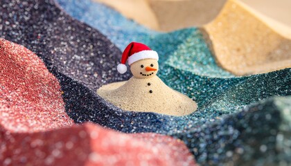Whimsical sandy snowman with a festive Santa hat enjoys a tropical Christmas vacation on a magical, colorful sand dune