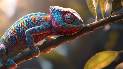 Detailed Chameleon on a Branch with Natural Lighting and Foliage reptile lizard photo