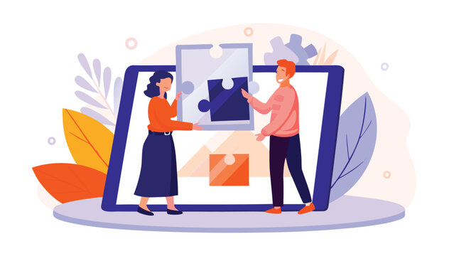 Illustration of two diverse coworkers collaborating to complete a complex jigsaw puzzle symbolizing teamwork problem solving and shared goals in a professional setting
