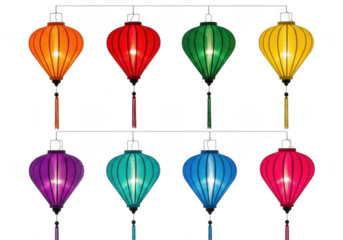 Collection of eight colorful vietnamese silk lanterns in various shapes and sizes, isolated on a transparent background