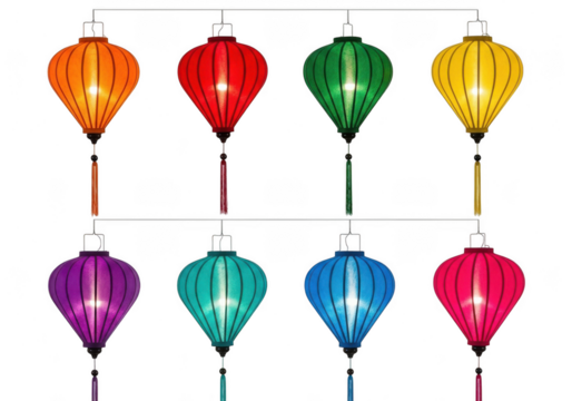 Collection of eight colorful vietnamese silk lanterns in various shapes and sizes, isolated on a transparent background - Powered by Adobe
