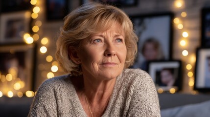 Reflective Solitude in Warm Evening Light: A Senior Woman Sits Thoughtfully in Her Cozy, Intimate Living Room, Surrounded by Framed Memories, Evoking Feelings of Nostalgia, Quiet Contemplation