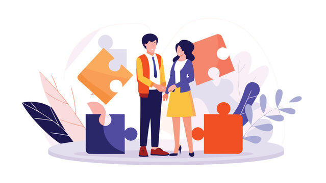 Modern flat illustration of a man and woman standing together representing partnership relationships or teamwork with a clean minimalist aesthetic