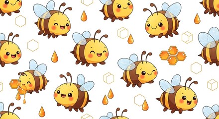 Obraz premium Seamless pattern of happy cartoon bees with honey drops and honeycombs, perfect for kids’ designs and playful backgrounds.