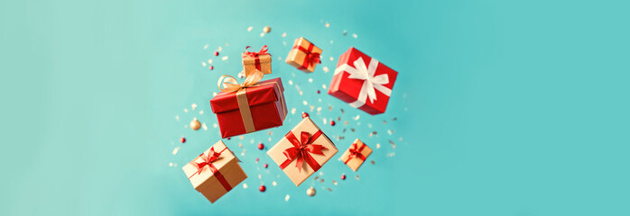dynamic arrangement of floating red and golden gift boxes with ribbons and metallic confetti scatter on a deep turquoise background.