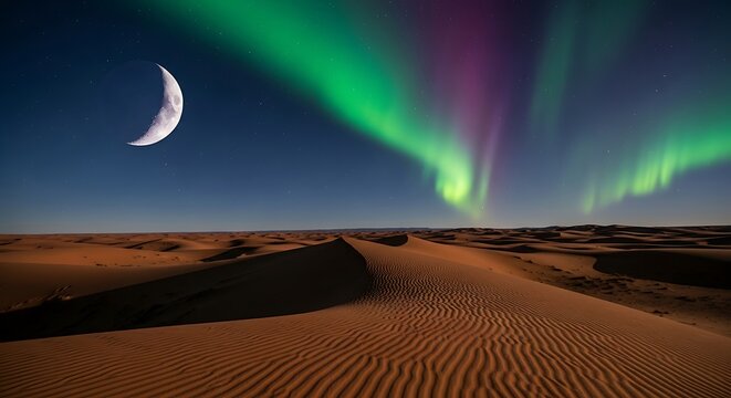 Desert Dunes Under Aurora Borealis and Crescent Moon.