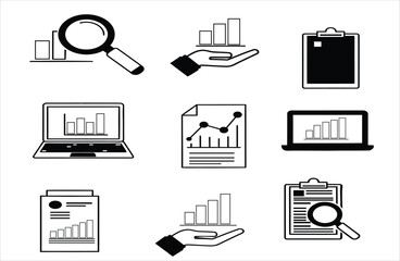 Collection of business and financial analysis icons with charts graphs and magnifying glass