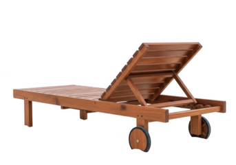 Wooden sun lounger with adjustable backrest and wheels, isolated on transparent background