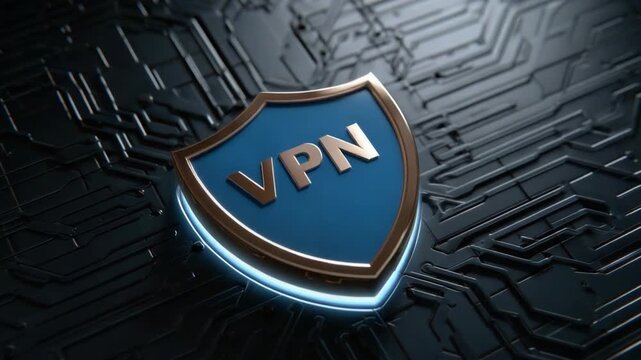 Secure Virtual Gateway: A digital shield of security, the VPN logo prominently displayed on a sleek, metallic shield, rests atop an intricate circuit board background.