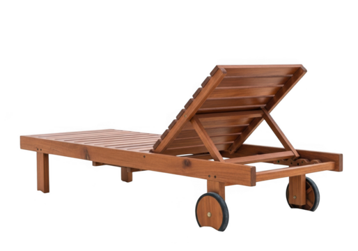 Wooden sun lounger with adjustable backrest and wheels, isolated on transparent background