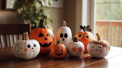 Obraz premium There are paintings on different pumpkins on the table 