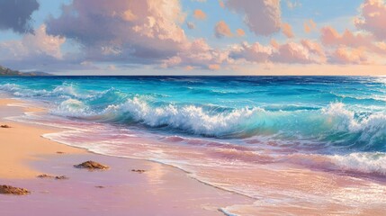 Serene Seascape: A tranquil seaside panorama reveals a gentle ebb of waves caressing a sandy shoreline. The sky transitions from a soft peach hue to a delicate blue, mirroring the calm waters.