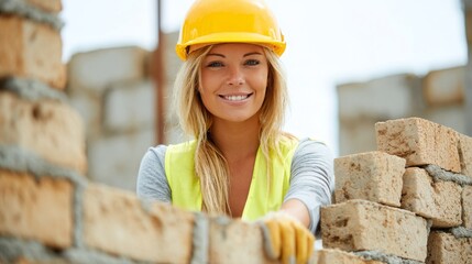 Smiling woman bricklayer builds brick wall. Female construction worker wears hard hat and safety vest. Young professional builds new house. Caucasian contractor works on site with masonry bricks.