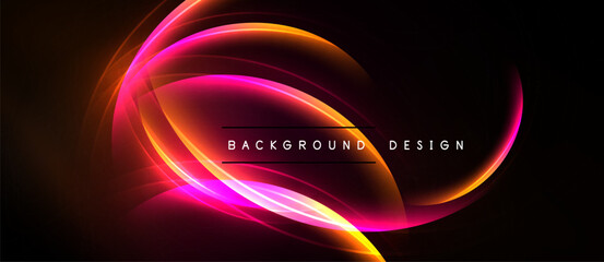 Abstract flowing lines create vibrant energy. Pink, orange hues contrast against dark background. Text reads background design.