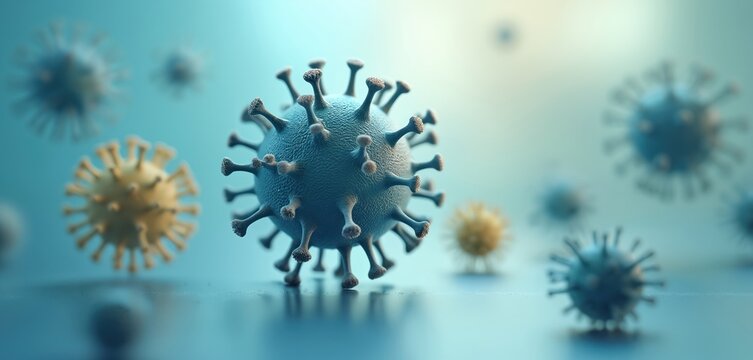 Close-up view of stylized microorganisms against soft blue background. Viruses cells ball-shaped with spikes. Different colors, blue, others yellow. Microbes float in gentle, scientific atmosphere.