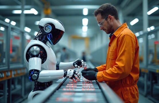 Robotic arm works with engineer on assembly line. Man in uniform monitors quality, robot handles parts. Automation and robotics advance modern production. Future of work combines human with ai.
