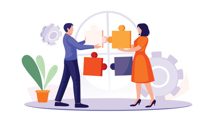 Modern flat illustration of a man and woman collaborating aligning elements symbolizing teamwork partnership and shared goals in a professional or personal context