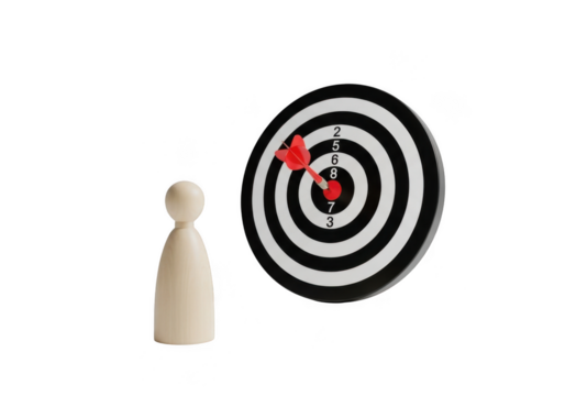 A small wooden pawn figure stands next to a dartboard with a dart in the bullseye, isolated on transparent background