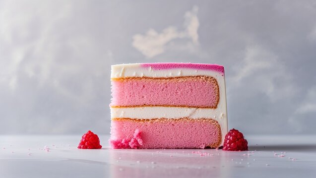Layered Lamington cake slice with pink frosting and raspberries  