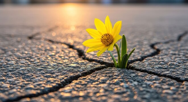 Yellow flower bursts from cracked pavement