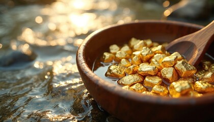 Many shiny gold nuggets fill rustic wooden pan. Pan sits partly in clear flowing river. Bright sun reflects on water. Image illustrates precious metal discovery, treasure hunting, gold mining,