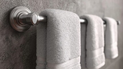 Soft towels are neatly arranged on a sleek towel rack, enhancing the modern aesthetic of the stylish bathroom environment