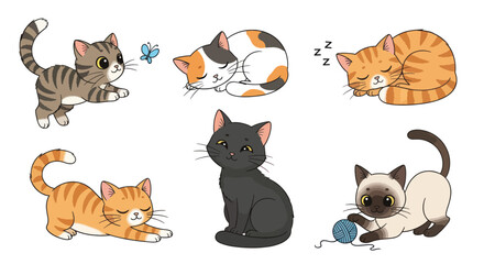 Collection of Six Adorable Cartoon Kittens in Various Poses and Colors.