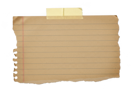 Torn piece of lined paper with tape, isolated on transparent background