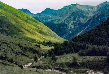 Mountain landscape along the road to Pennes Pass, Bolzano province, Italy, at summer
