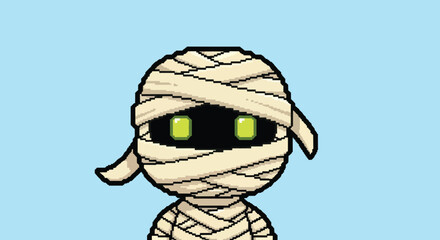 Cute Cartoon Mummy Character with Glowing Green Eyes.