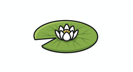 A beautiful white water lily flower blooming on a green lily pad floating on water.