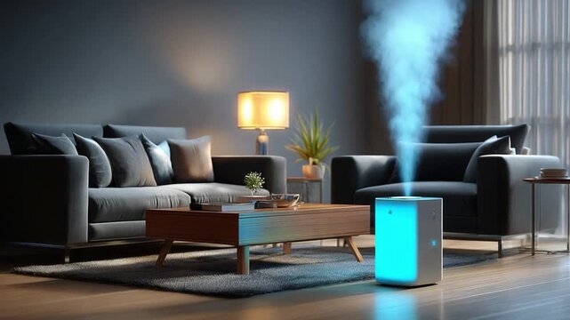 Humidifier at Home: A modern, sleek humidifier sits elegantly in a stylish living room, emitting a calming, ethereal mist, creating a sense of tranquility and wellness. 