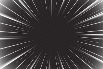 Light zoom speed effect with radial lines on dark background. Dynamic motion burst with perspective tunnel illusion from center, white energy rays for comic book action or technology design backdrop