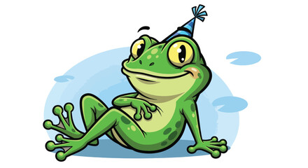 A cheerful cartoon frog wearing a party hat.