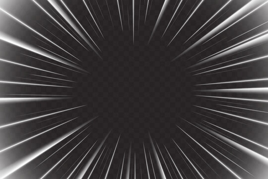 Light zoom speed effect with radial lines on dark background. Dynamic motion burst with perspective tunnel illusion from center, white energy rays for comic book action or technology design backdrop