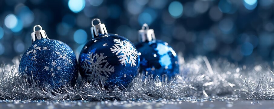 Sparkling blue snowflake christmas ornaments on silver tinsel