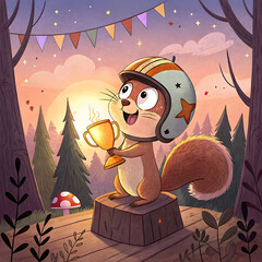 Winning squirrel in helmet with trophy on stage at sunset light
