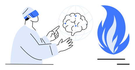 Researcher wearing AR headset examines virtual brain with neural connections near symbolic blue flame. Ideal for innovation, technology, virtual reality, neuroscience, research, creativity, simple