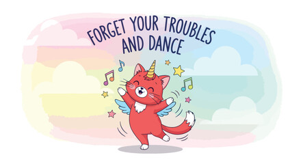 Cute Red Cat Unicorn Dancing with Wings and Music Notes.